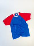 Reworked reclaimed T-shirt turned into a raglan baseball style tee with contrasting sleeves