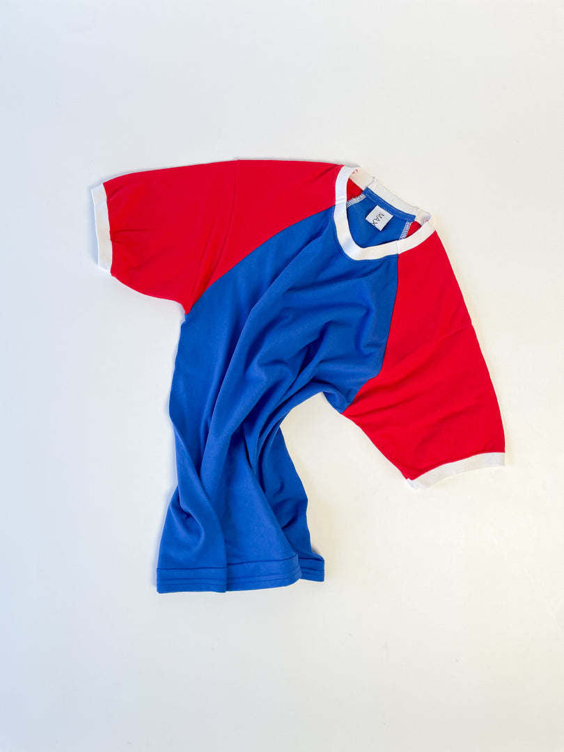 Reworked reclaimed T-shirt turned into a raglan baseball style tee with contrasting sleeves