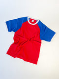 Reworked reclaimed T-shirt turned into a raglan baseball-style tee with contrasting sleeves