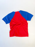 Reworked reclaimed T-shirt turned into a raglan baseball-style tee with contrasting sleeves