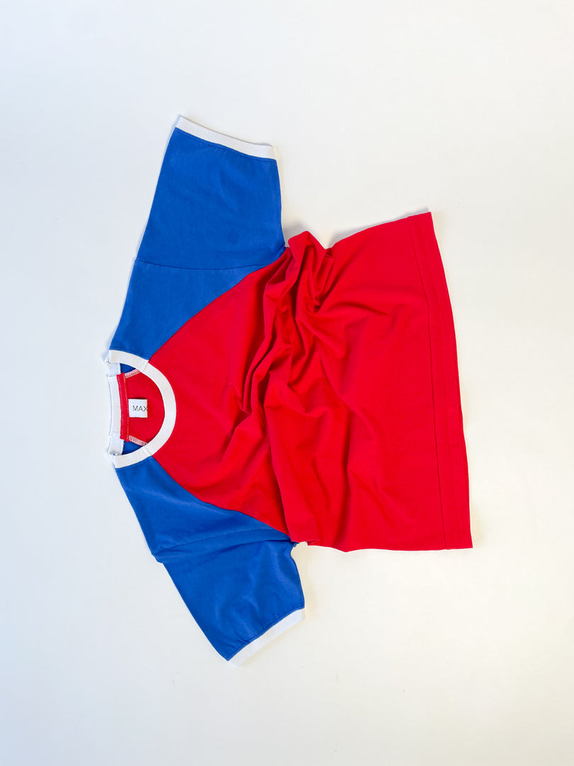 Reworked reclaimed T-shirt turned into a raglan baseball-style tee with contrasting sleeves