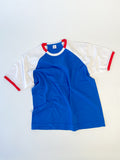 Reworked reclaimed T-shirt turned into a raglan baseball style tee with contrasting sleeves