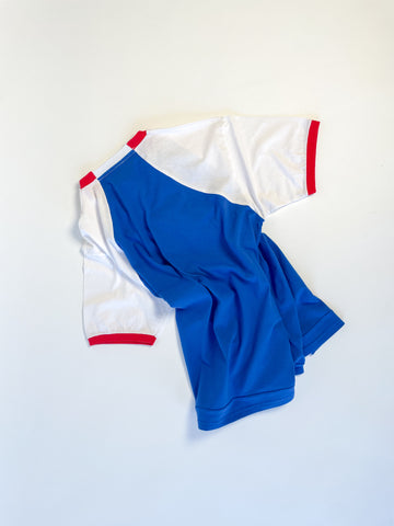 Reworked reclaimed T-shirt turned into a raglan baseball style tee with contrasting sleeves