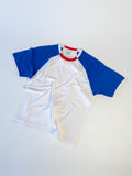 Reworked reclaimed T-shirt turned into a raglan baseball style tee with contrasting sleeves