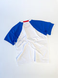 Reworked reclaimed T-shirt turned into a raglan baseball style tee with contrasting sleeves
