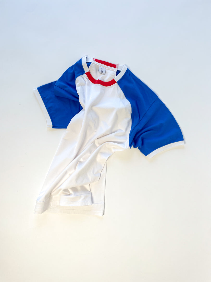 Reworked reclaimed T-shirt turned into a raglan baseball style tee with contrasting sleeves