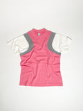 Upcycled panel T-shirt in pink, grey and white, made from second-hand T-shirts and deadstock jersey. Flat lay on white background.