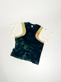 Upcycled panel T-shirt in green, yellow and white, made from second-hand T-shirts and deadstock jersey. Flat lay on white background.