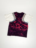 Upcycled panel T-shirt in red, blue and white, made from second-hand T-shirts and deadstock jersey. Flat lay on white background.