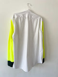 Back of a Pleated white shirt with neon yellow T-shirt sleeves on a white background 