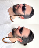 Beaded glasses chain made from reprocessed wooden beads worn with eyewear